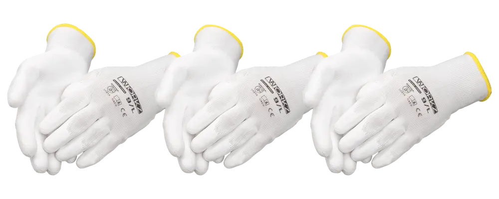 Sæt hvide arbejdshandsker med gule manchetter, lavet af let og åndbart materiale. Har trykt sikkerhedsinformation på bagsiden. Velegnet til generel håndtering og let industriarbejde.