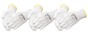 Sæt hvide arbejdshandsker med gule manchetter, lavet af let og åndbart materiale. Har trykt sikkerhedsinformation på bagsiden. Velegnet til generel håndtering og let industriarbejde.