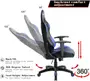 Ergonomisk gamingstol med justerbart ryggstöd (90°-155°), 360-graders snurrbas, justerbar sitthöjd och vadderade armstöd. Svart och blå design med länd- och nackstöd.