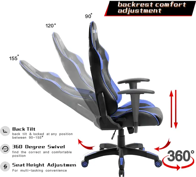 Ergonomisk gamingstol med justerbart ryggstöd (90°-155°), 360-graders snurrbas, justerbar sitthöjd och vadderade armstöd. Svart och blå design med länd- och nackstöd.