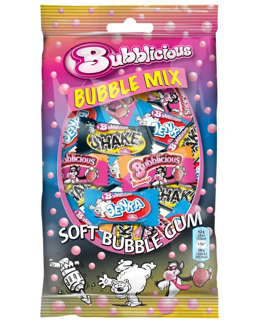 Pose med Bubblicious Bubble Mix blød tyggegummi, assorterede individuelt indpakkede smagsvarianter, farverig emballage med lyserøde, blå og gule detaljer, tegneseriefigurer og næringsoplysninger på forsiden.