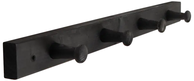 Sort vægmonteret knagerække i træ med fire solide knager, jævnt fordelt. Enkelt, minimalistisk design til ophæng af jakker, hatte eller tasker i entreen.