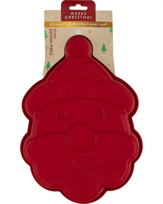 Rød silikone kageform udformet som julemandens ansigt med detaljer for øjne, næse, hue og skæg. Perfekt til julebagning.