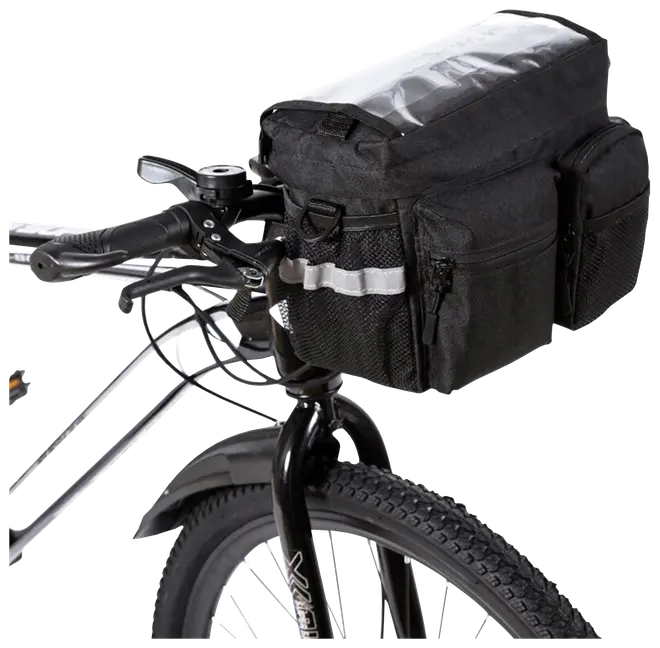 Sort cykelstyrtaske med flere lynlåslommer, netlommer på siderne, reflekterende stribe og gennemsigtigt toplåg til telefon eller kort. Fastgøres sikkert til styret.