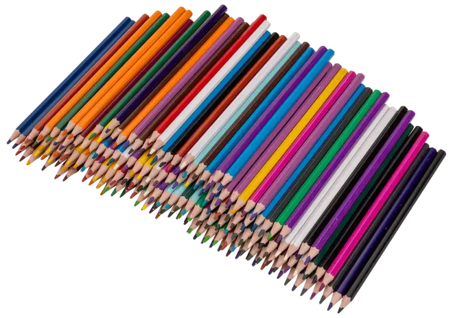 Sæt med 48 farveblyanter, hver med sekskantet træskaft og spids, arrangeret i et farverigt spektrum. Perfekt til tegning, farvelægning og kreative projekter.