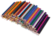 Sæt med 48 farveblyanter, hver med sekskantet træskaft og spids, arrangeret i et farverigt spektrum. Perfekt til tegning, farvelægning og kreative projekter.