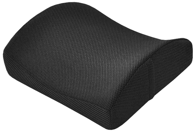 Ergonomisk sort lændestøttepude med åndbart meshbetræk, kontureret form for komfort til lænden, velegnet til kontorstole, bilsæder eller hjemmebrug. Giver fast støtte og trykaflastning.
