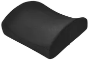 Ergonomisk sort lændestøttepude med åndbart meshbetræk, kontureret form for komfort til lænden, velegnet til kontorstole, bilsæder eller hjemmebrug. Giver fast støtte og trykaflastning.