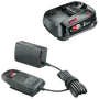 Bosch 18V 2,5Ah batteripakke med oplader og strømadapter. Kompakt sort design, passer til trådløse elværktøjer. Med indikatorlys og sammenrullet opladerkabel.