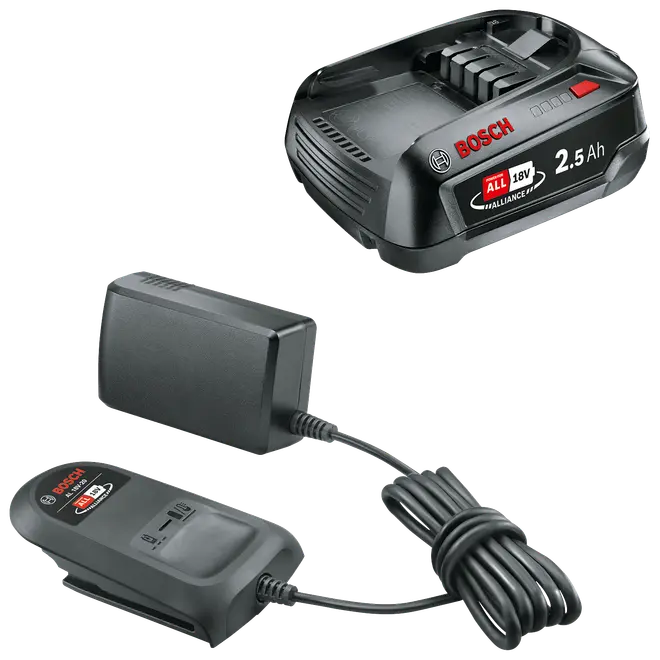 Bosch 18V 2,5Ah batteripakke med oplader og strømadapter. Kompakt sort design, passer til trådløse elværktøjer. Med indikatorlys og sammenrullet opladerkabel.