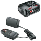 Bosch 18V 2,5Ah batteripakke med oplader og strømadapter. Kompakt sort design, passer til trådløse elværktøjer. Med indikatorlys og sammenrullet opladerkabel.