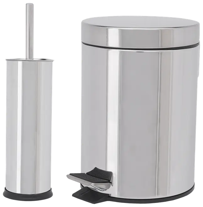 Set med pedalhink och toalettborstehållare i rostfritt stål. Cylindrisk design med blank finish, passar moderna badrum.