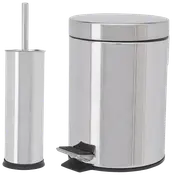 Set med pedalhink och toalettborstehållare i rostfritt stål. Cylindrisk design med blank finish, passar moderna badrum.