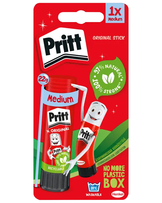 Pritt Original limstift, medium størrelse (22g), i rød genanvendelig tube. Indeholder 97% naturlige ingredienser, vaskbar formel og uden plastæske. Velegnet til papir og hobby.