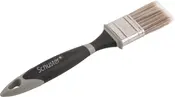 Pensel med svart och grått ergonomiskt handtag, syntetborst och metallhylsa. Passar för målning och lackering. Handtaget har upphängningshål och märket "Schuster."