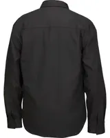 Svart herrskjorta med lång ärm, visad bakifrån. Rak ok, knäppbara manschetter och klassisk krage. Tillverkad av slätt, enfärgat tyg för en ren stil.