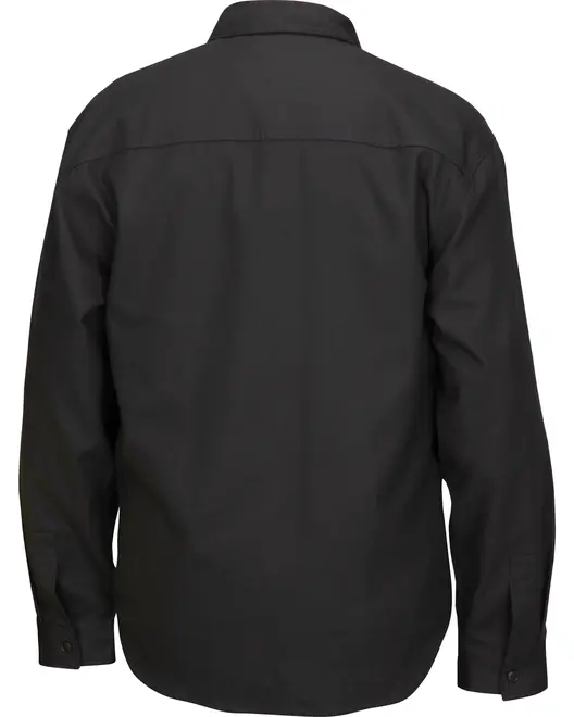 Svart herrskjorta med lång ärm, visad bakifrån. Rak ok, knäppbara manschetter och klassisk krage. Tillverkad av slätt, enfärgat tyg för en ren stil.