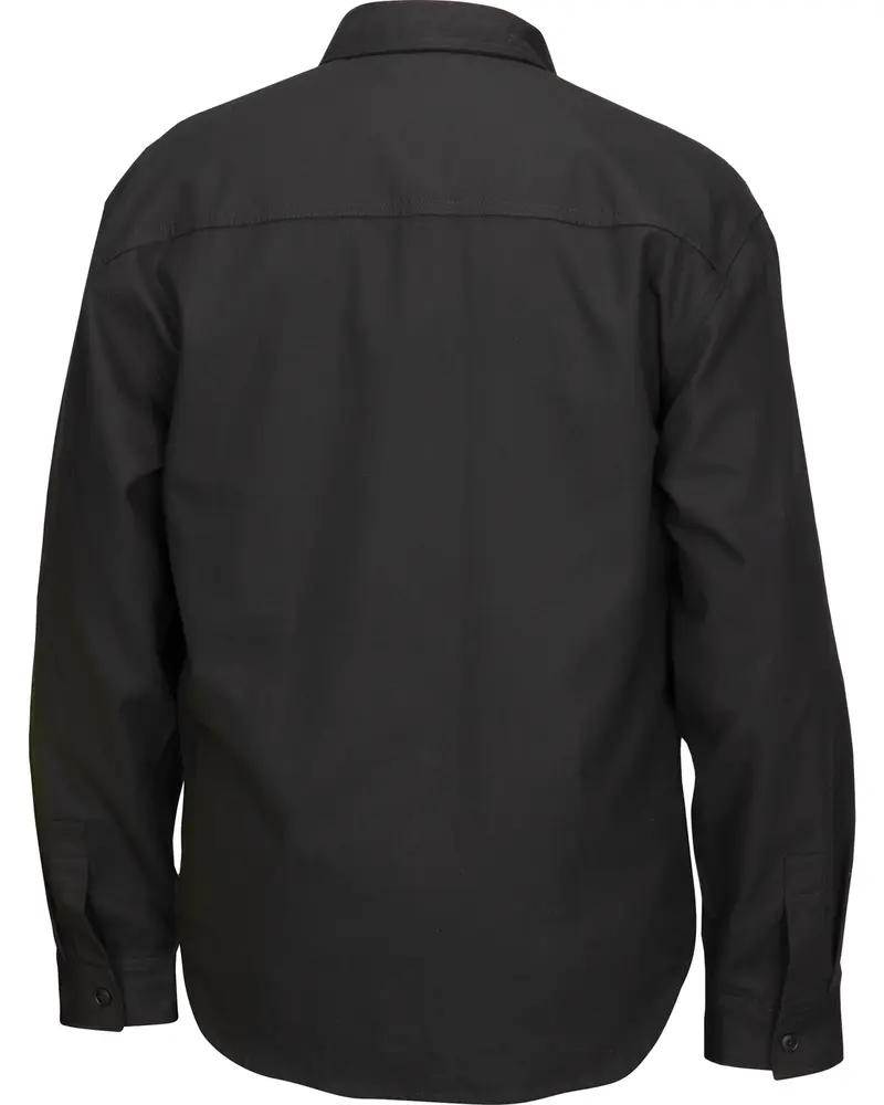 Svart herrskjorta med lång ärm, visad bakifrån. Rak ok, knäppbara manschetter och klassisk krage. Tillverkad av slätt, enfärgat tyg för en ren stil.