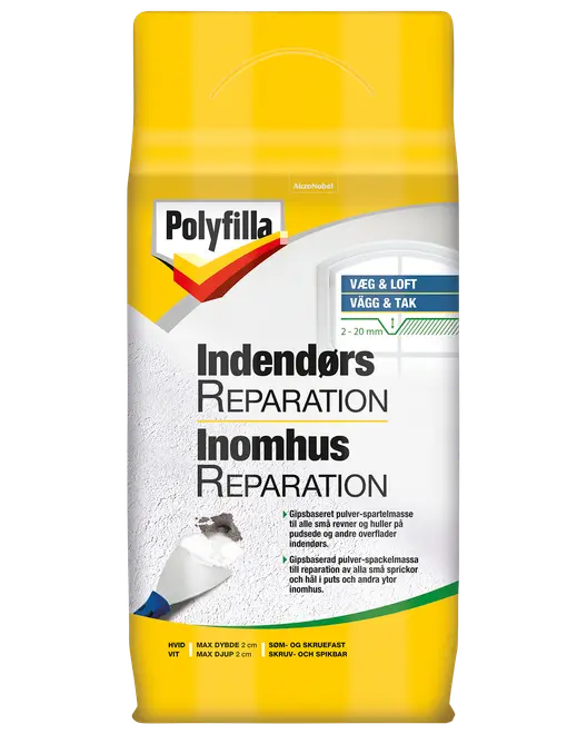 Polyfilla indendørs reparationspulver til udfyldning af huller og revner i vægge og lofter. Hvid, gipsbaseret, til indendørs brug. Maksimal dybde 2 cm.