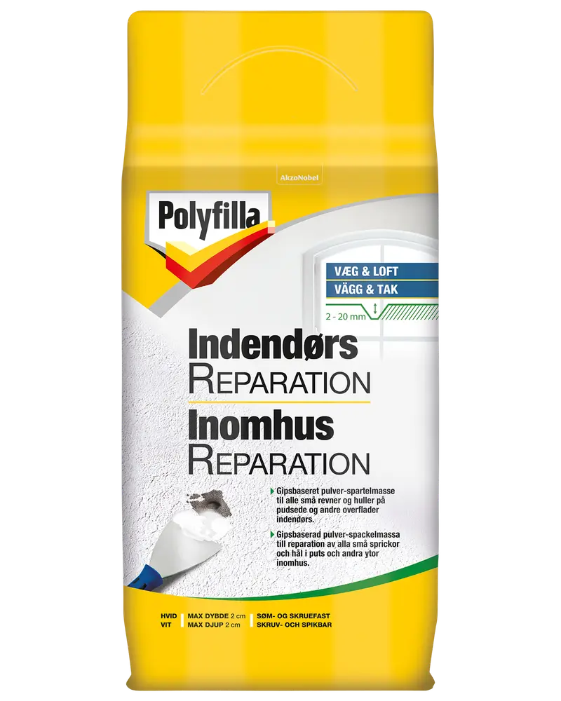 Polyfilla indendørs reparationspulver til udfyldning af huller og revner i vægge og lofter. Hvid, gipsbaseret, til indendørs brug. Maksimal dybde 2 cm.