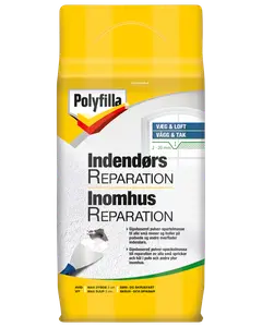 Polyfilla indendørs reparationspulver til udfyldning af huller og revner i vægge og lofter. Hvid, gipsbaseret, til indendørs brug. Maksimal dybde 2 cm.