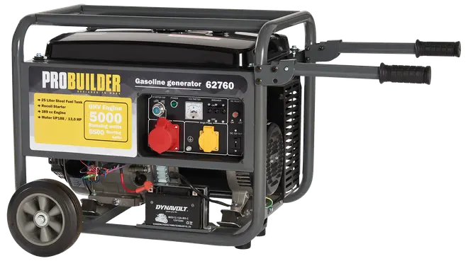 Bærbar benzingenerator med stålkabinet, to hjul, foldbare håndtag, flere strømudtag og kontrolpanel. Har 25-liters tank og 5000-watt effekt til nødstrøm.