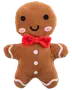 Mjuk pepparkaksgubbe med broderade ögon, leende, rosa kinder, vita knappar och röd fluga. Mjuk brun tyg med vita glasyrdetaljer på armar och ben.