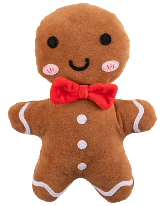 Mjuk pepparkaksgubbe med broderade ögon, leende, rosa kinder, vita knappar och röd fluga. Mjuk brun tyg med vita glasyrdetaljer på armar och ben.
