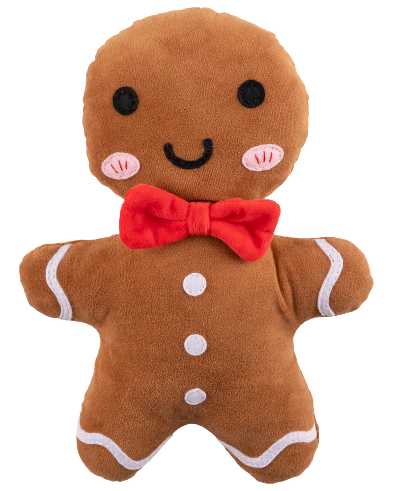 Mjuk pepparkaksgubbe med broderade ögon, leende, rosa kinder, vita knappar och röd fluga. Mjuk brun tyg med vita glasyrdetaljer på armar och ben.