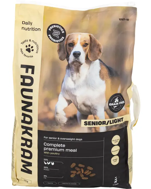 Pose med Faunakram Senior/Light fuldfoder til hunde med fjerkræ, til ældre eller overvægtige hunde. Kornfri, med præbiotika, glucosamin og omega 3/6. 10 kg.