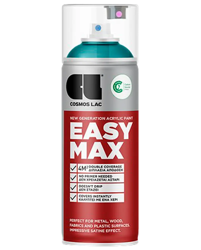 Cosmos Lac Easy Max akryl spraymaling, 400 ml dåse, egnet til metal, træ, stof og plast. Dobbelt dækning, ingen primer, satin finish, hurtigtørrende.