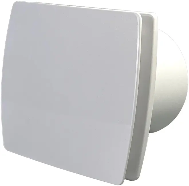 Moderne hvid kvadratisk badeværelsesventilator med glat frontpanel. Velegnet til væg- eller loftmontering, ideel til ventilation i badeværelse eller køkken. Nem at rengøre.