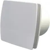 Modern vit fyrkantig badrumsfläkt med slät frontpanel. Passar för vägg- eller takmontering, idealisk för ventilation i badrum eller kök. Lätt att rengöra.
