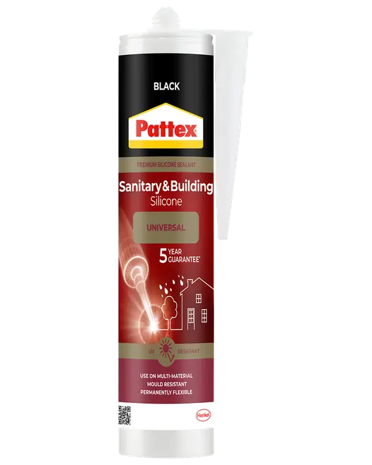 Pattex Sanitet & Bygning Silikone, sort, universalt tætningsmiddel med dyse, 5 års garanti, UV- og skimmelsvampresistent, til flere materialer, permanent fleksibel.
