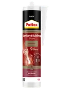 Pattex Sanitet & Bygning Silikone, sort, universalt tætningsmiddel med dyse, 5 års garanti, UV- og skimmelsvampresistent, til flere materialer, permanent fleksibel.