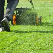 Håndskubbet plæneklipper med orange hjul, klipper græs og udskyder afklip. Vises i brug på grøn plæne, fremhæver manuel betjening og effektiv græsklipning.