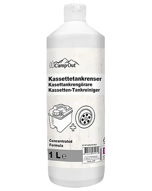 Hvid 1 L CampOut kassettetankrens flaske med koncentreret formel og sort trykt etiket.