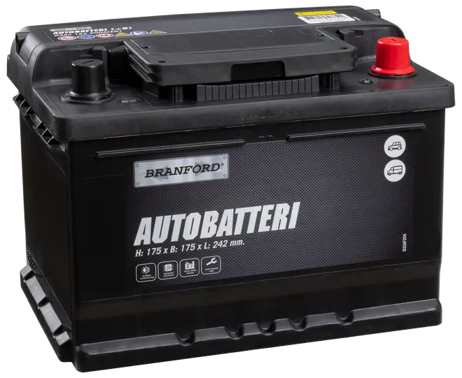 Branford bilbatteri, sort rektangulært design, mærket AUTOBATTERI, mål 175x175x242 mm, med rød og sort terminal, egnet til biler og varevogne.