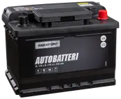 Branford bilbatteri, sort rektangulært design, mærket AUTOBATTERI, mål 175x175x242 mm, med rød og sort terminal, egnet til biler og varevogne.