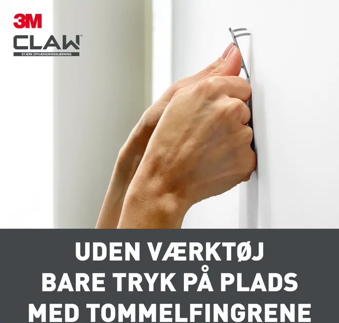3M CLAW vægkrog presses ind i væggen med tommelfingrene, uden brug af værktøj. Slankt metal design, nem montering, velegnet til ophængning af genstande.
