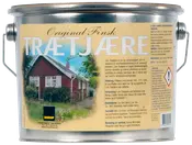 Metalspand med finsk trætjære til udendørs træbehandling, har hank, gul etiket med produktinformation og billede af rød træhytte. Velegnet til vejrbeskyttelse.