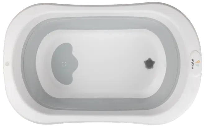 Vit plastbadbalja för bebis med ergonomisk form, halkfri yta och avtappningspropp. Utrustad med konturerat nackstöd och släta kanter för säkerhet och komfort.