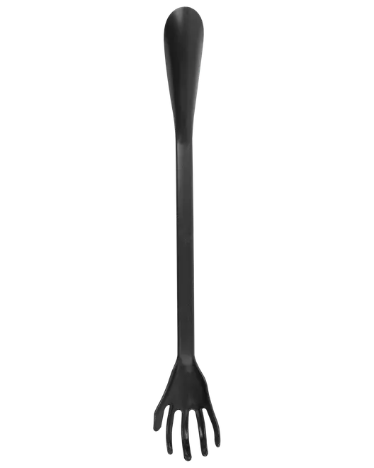 Sort spaghetti-server i plast med langt håndtag og takket ske, ideel til servering og dræning af pasta. Varmebestandig og tåler opvaskemaskine, egnet til non-stick gryder.