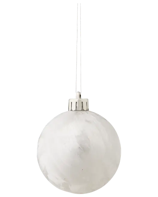 Rundt hvidt glasjuleornament med mat finish, sølvfarvet top og sølvfarvet ophængsbånd. Elegant og enkel dekoration til juletræet.