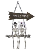 Halloween-dekoration med två skelett som brudpar på en gunga, under en träskylt formad som en pil med texten "welcome". Kedja för upphängning medföljer.