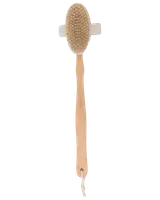 Badebørste med langt træhåndtag, naturlige børster og ovalt hoved. Har bomuldsrem til greb og ophængssnor. Perfekt til eksfoliering og rygvask.