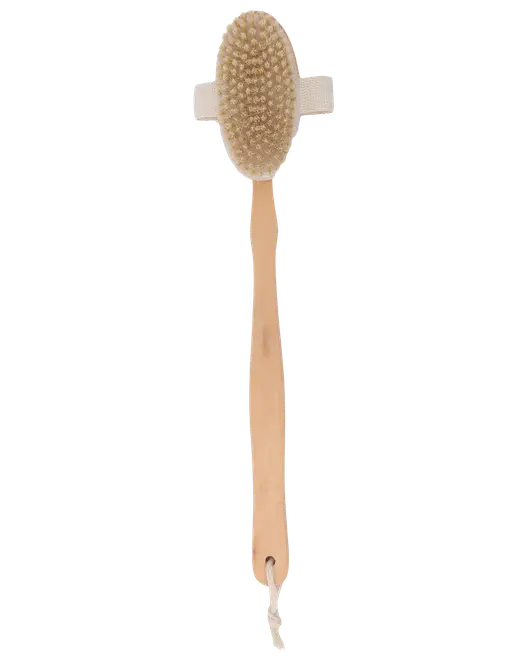 Badborste med långt trähandtag, ovalt huvud och naturborst. Bomullsrem för grepp och upphängning. Perfekt för exfoliering och rengöring av ryggen.
