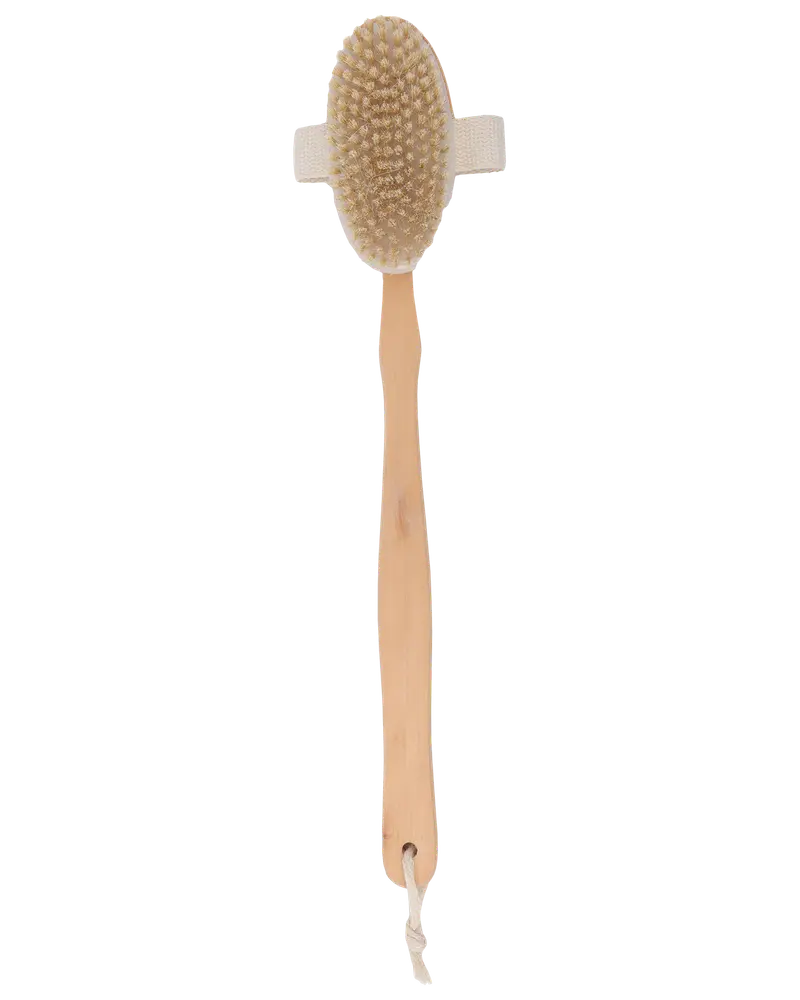 Badebørste med langt træhåndtag, naturlige børster og ovalt hoved. Har bomuldsrem til greb og ophængssnor. Perfekt til eksfoliering og rygvask.