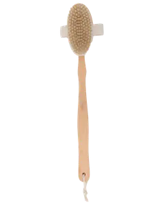 Badebørste med langt træhåndtag, naturlige børster og ovalt hoved. Har bomuldsrem til greb og ophængssnor. Perfekt til eksfoliering og rygvask.