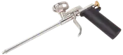 Metal skumpistol med lang dyse, sort ergonomisk håndtag, aftrækker og justeringsknap til præcis påføring af polyurethanskum til byggeri eller isolering.